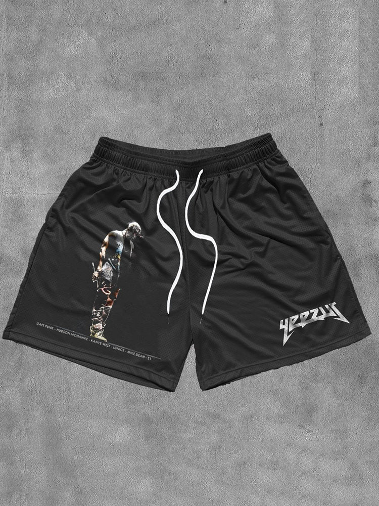 Vercoo Vintage Yeezus Graphic Casual Street Mesh Shorts