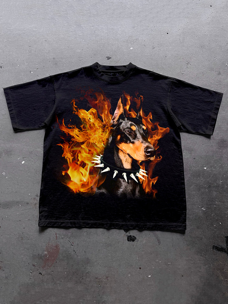 Hell City - Flame Dobern Printed Graphic Cotton Casual T-Shirt