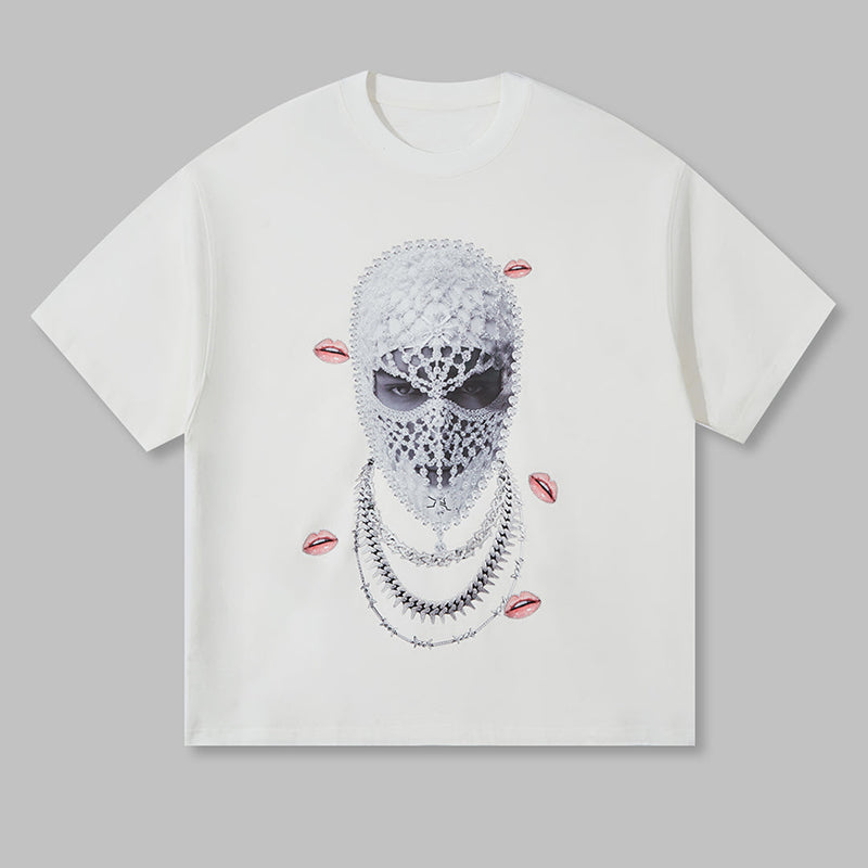 Vercoo Vintage Unisex Rhinestone Mask Necklace Graphic Cotton T-Shirt