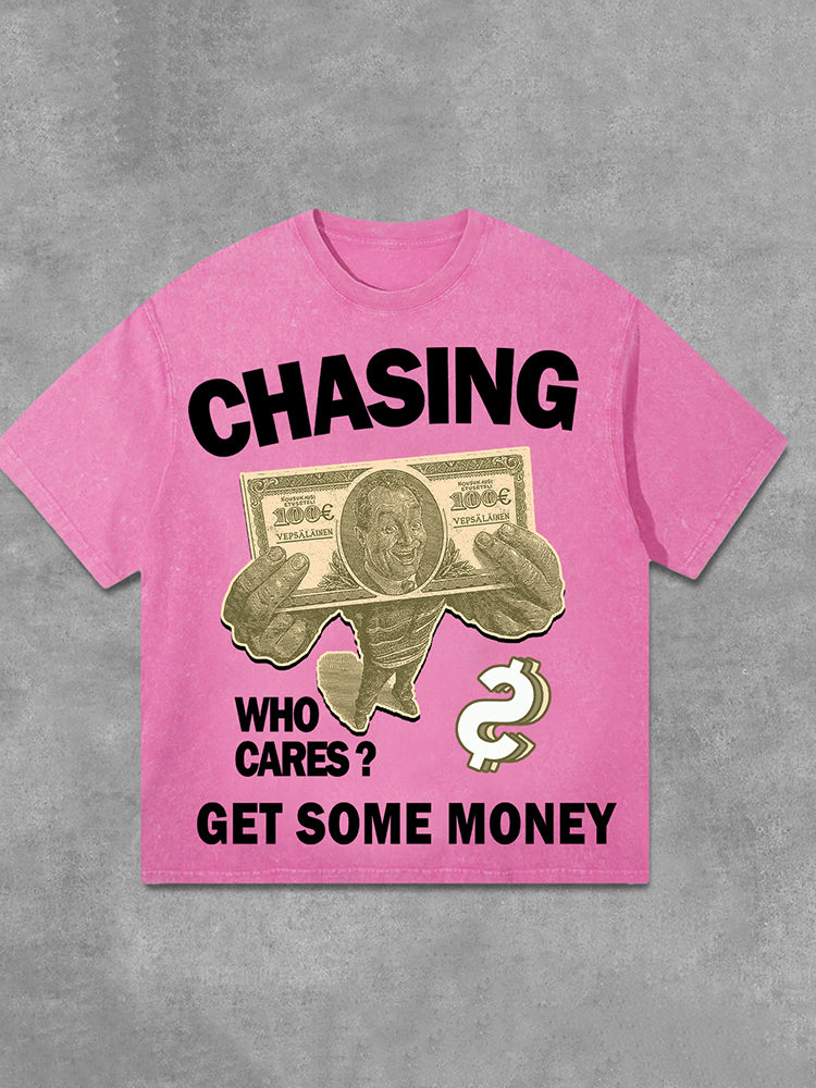 Men's Chasing Money Graphic Print Acid Washed Cotton T-Shirt