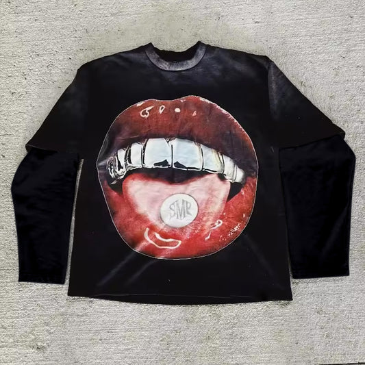 Vercoo Vintage Lipstick Graphic Double Layer Acid Washed T-Shirt