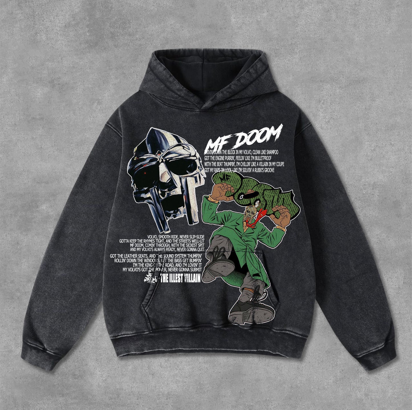 Vintage The Illest Villain Mf Doom Graphic Print Washed Distressed Pocket Hoodie