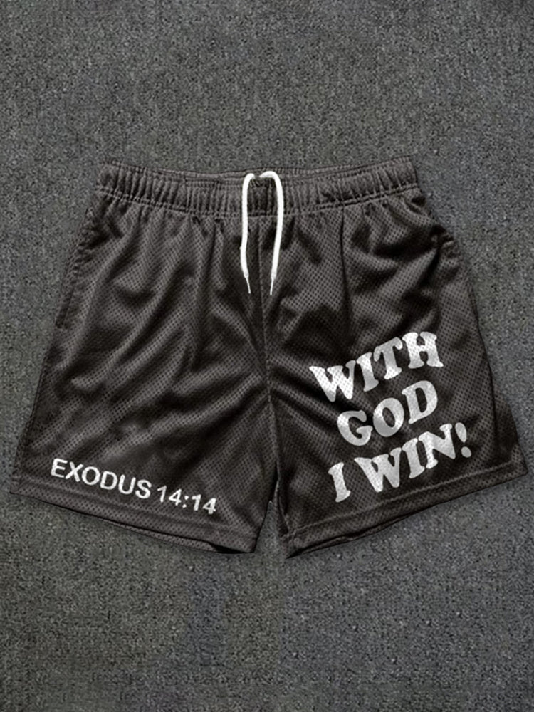 Vercoo With God I Win Print Casual Street Mesh Shorts