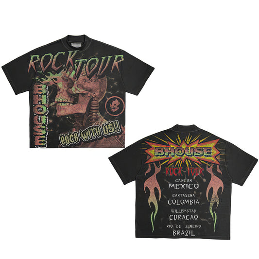 Vercoo Vintage Rock Tour Skull Graphic Washed Short Sleeve T-Shirt