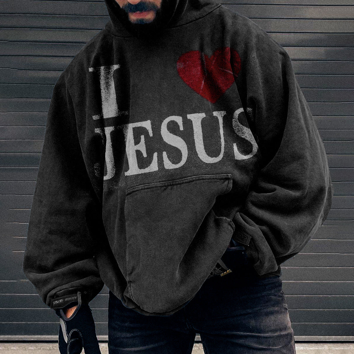 I Love Jesus Print Graphic Black Acid Washed Pullover Hoodie