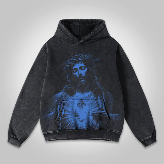 Vercoo Vintage Jesus Print Graphics Washed Hoodie