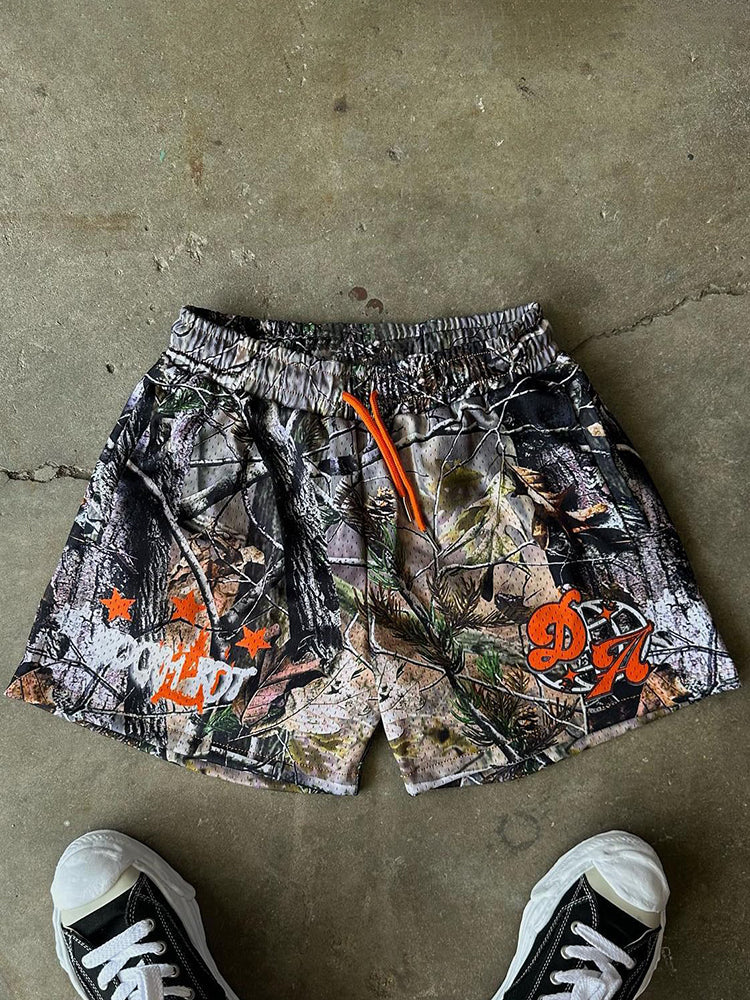 Vintage Stylish Jungle Letter Graphic Casual Street Mesh Shorts