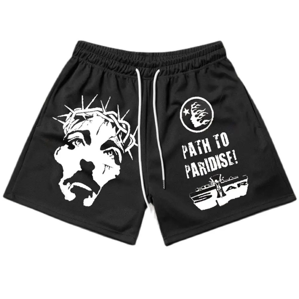 Vercoo Vintage Jesus Graphic Casual Street Mesh Shorts