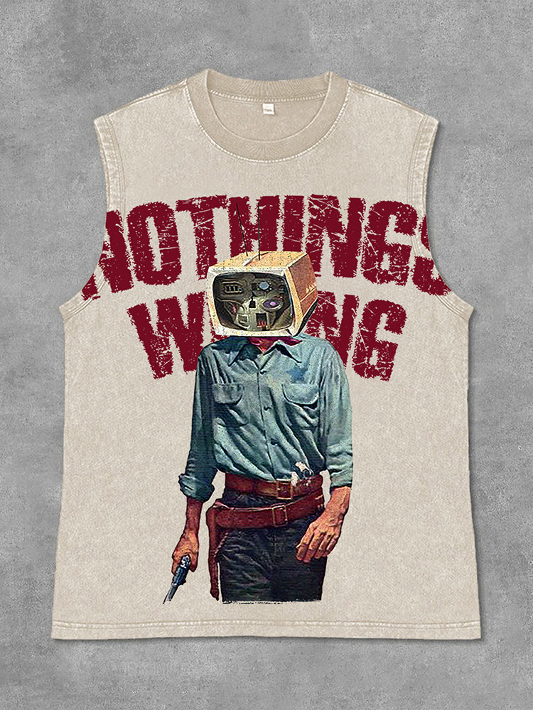 Vercoo Vintage Nothing Wrong Graphic Print Acid Washed Sleeveless Tank Top