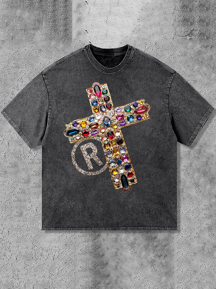 Diamond Cross Graphic Print Casual Acid Washed T-Shirt