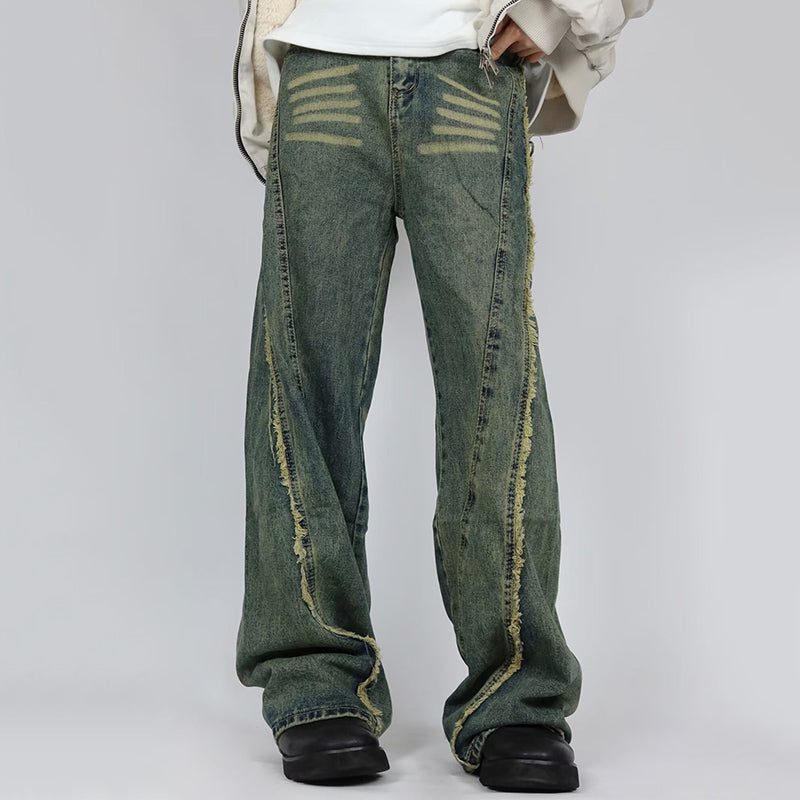 American Retro Deconstructed Raw Edge Floor-Length Jeans