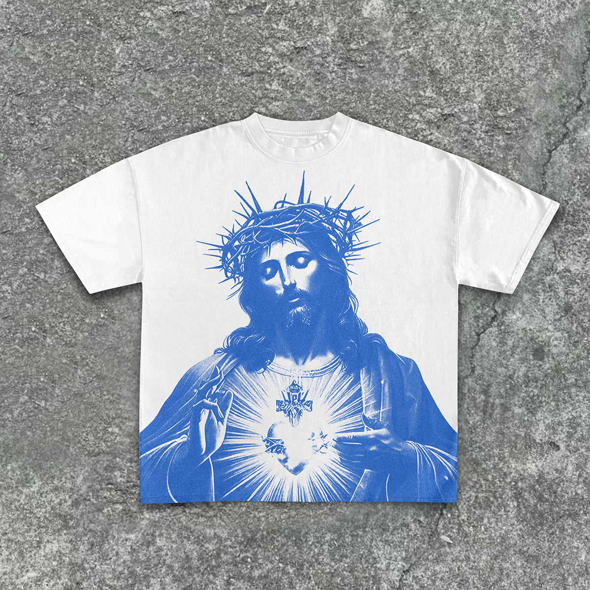 Vintage Jesus Print Round Neck Cotton T-Shirt