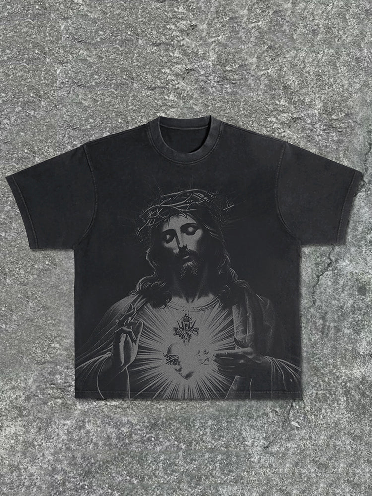 Men's Vintage Jesus Print Acid Washed T-Shirt