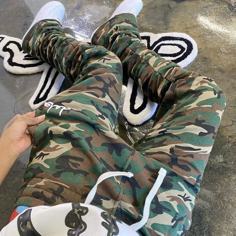 Vintage Street Camo Drawstring Stacked Pants