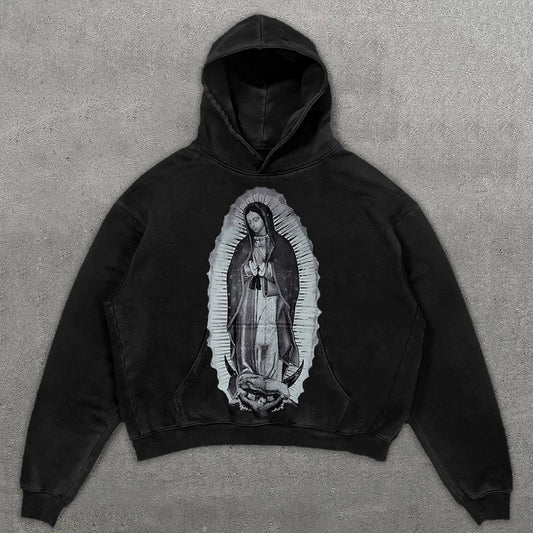 Vercoo Vintage Our Lady Of Guadalupe Graphic Acid Washed Oversized Hoodie