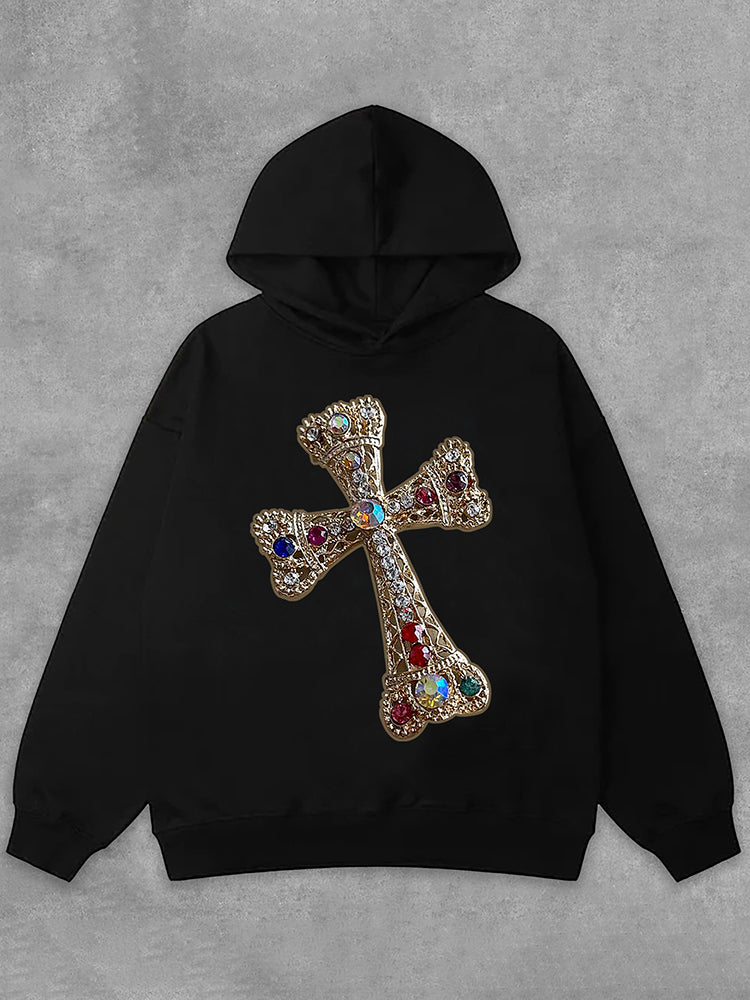 Diamond Cross Graphic Print Side Pockets Hoodie