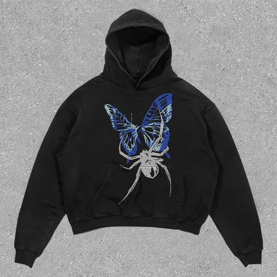 Vercoo Vintage Spider Butterfly Graphic Acid Washed Oversized Hoodie