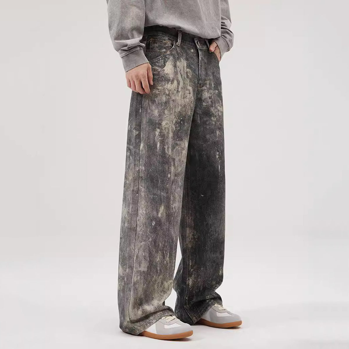 Men's Digital Print Gray And Black Baggy Jeans