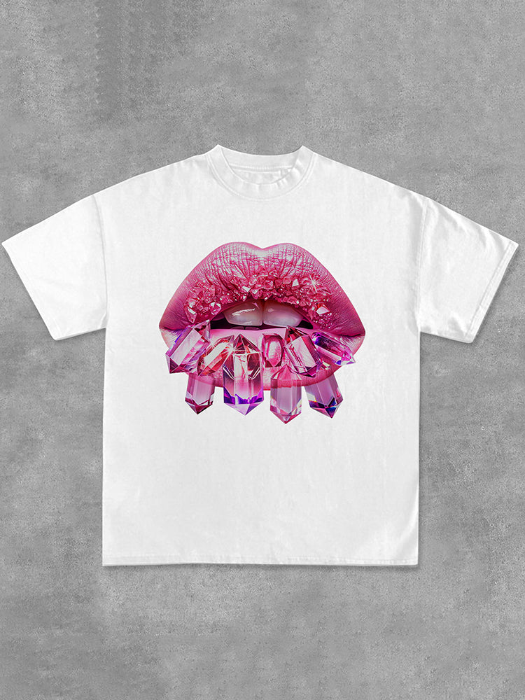 Diamond Lips Graphic Print Casual Cotton T-Shirt