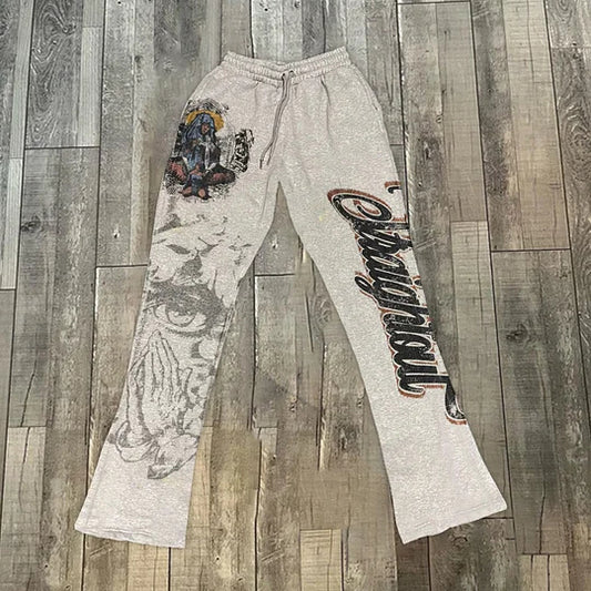 God's Eye Print Casual Street Flared Sweats Trousers