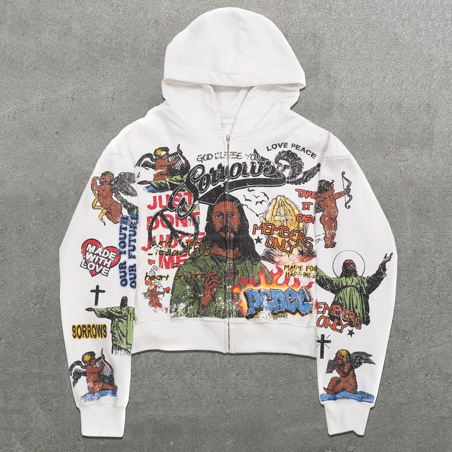 Jesus Multi-Element Print Graphic Loose Velvet Pocket Zip Hoodie