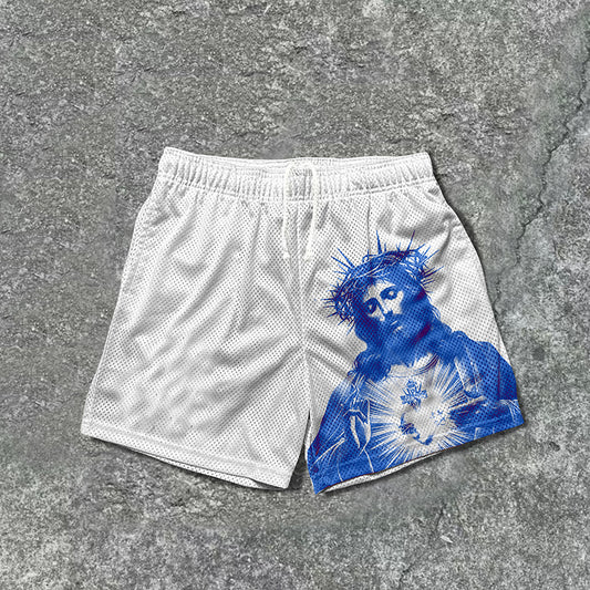 Vintage Jesus Print Mesh Drawstring Shorts