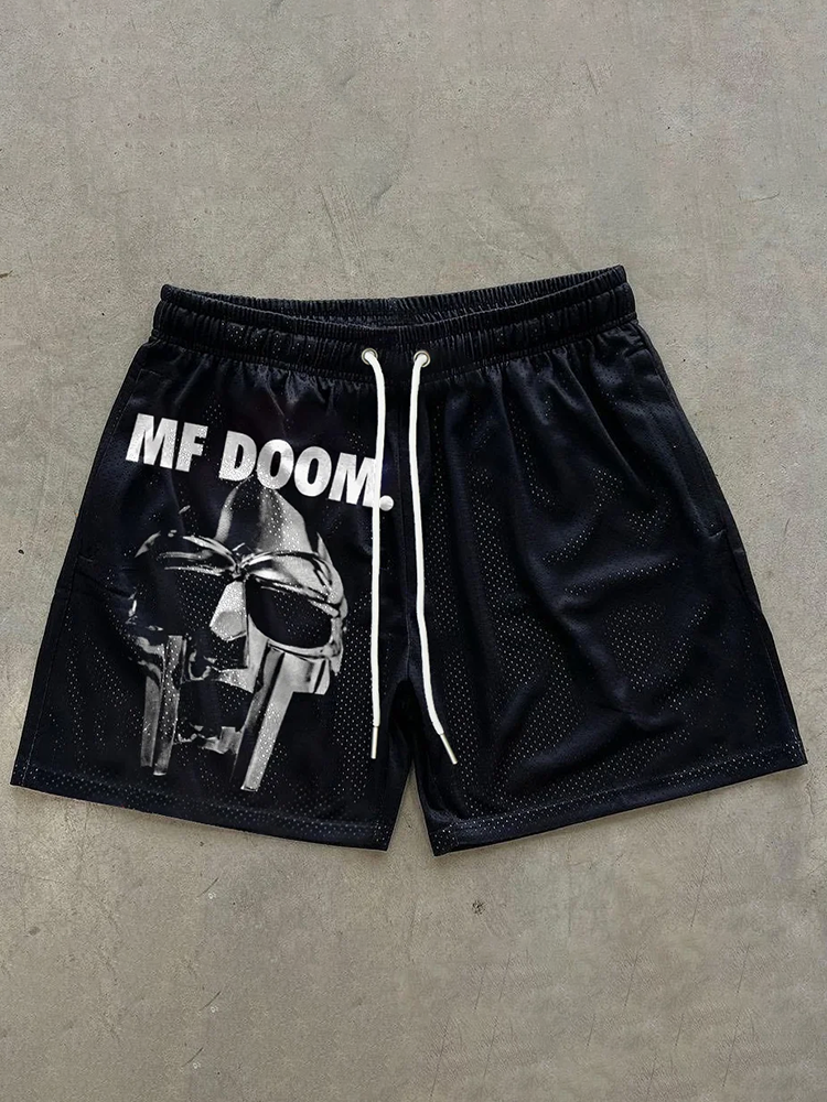 Vercoo Vintage The Illest Villain Mf Doom Graphic Drawstring Mesh Shorts