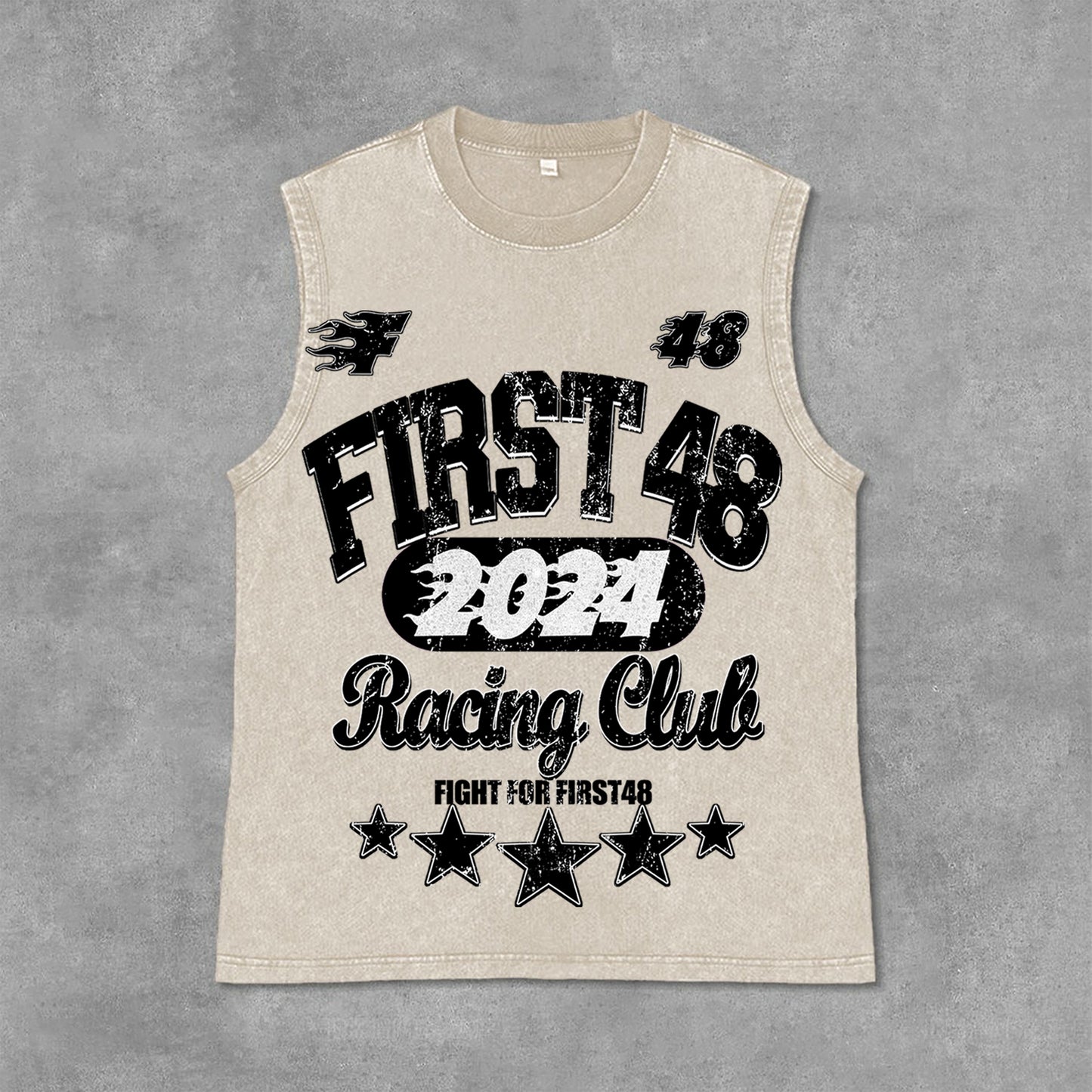 Vercoo Vintage Street First48 Racing Graphic Print Acid Washed Sleeveless Tank Top