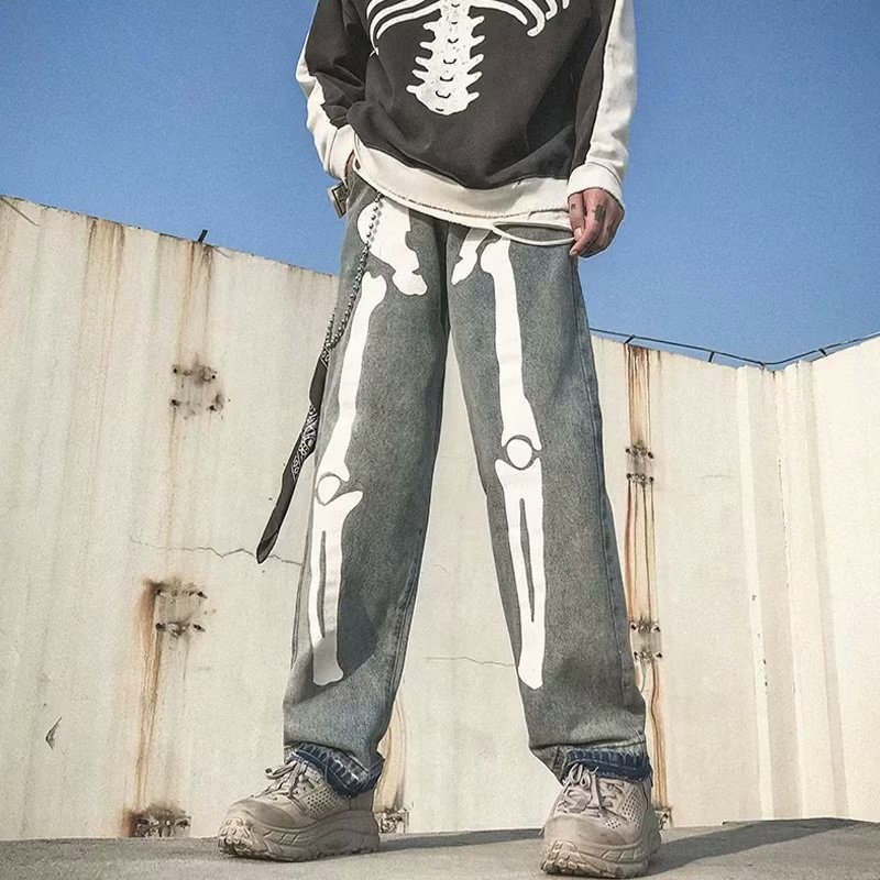 Men's Vintage Skull Graphic Loose Jeans