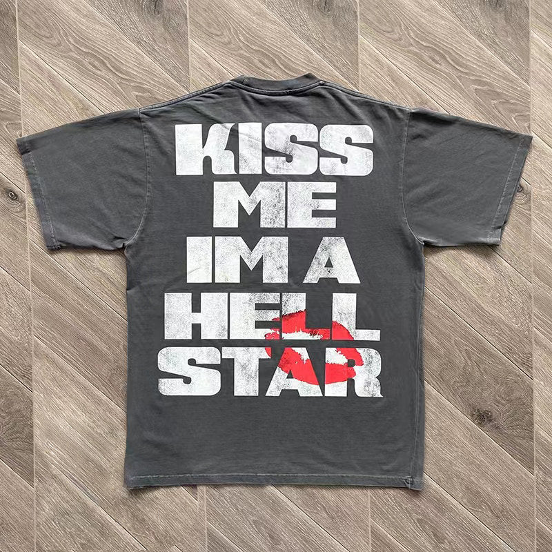 Vercoo Vintage Kiss Me In Hell Star Graphic Cotton T-Shirt