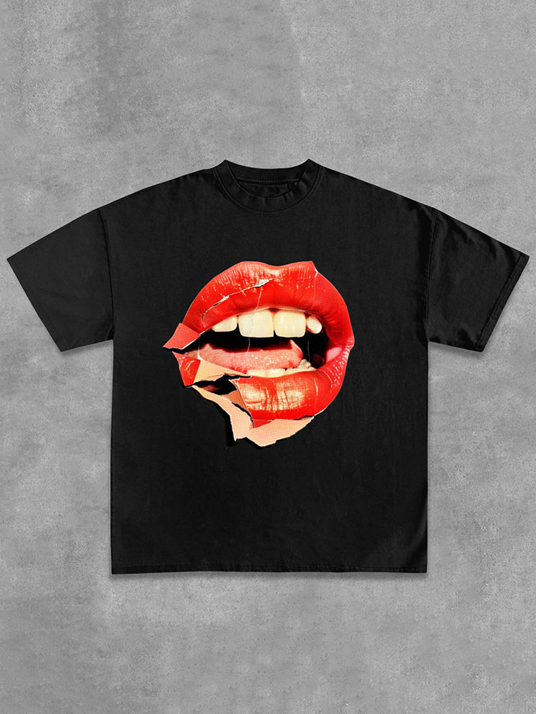 Collage Red Lip Graphic Design Cotton T-Shirt