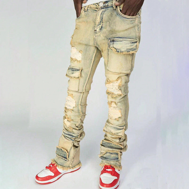 Men's Hiphop Fashion Stretch Ripped Denim Layered Jeans