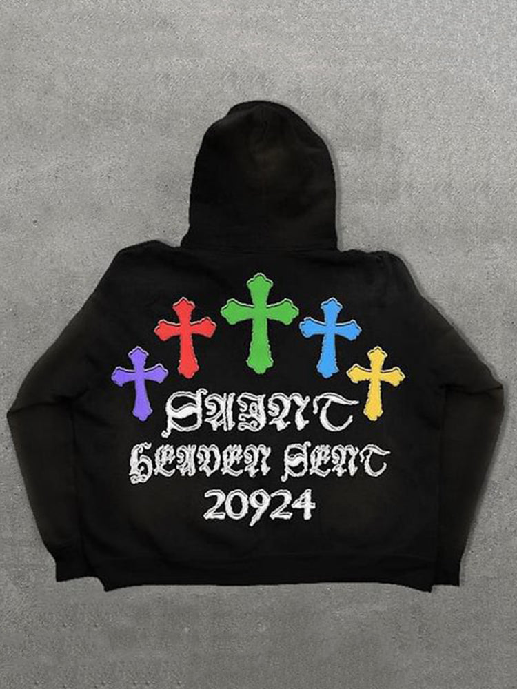 Vercoo Vintage Saint Cross Letters Graphic Print Side Pockets Hoodie