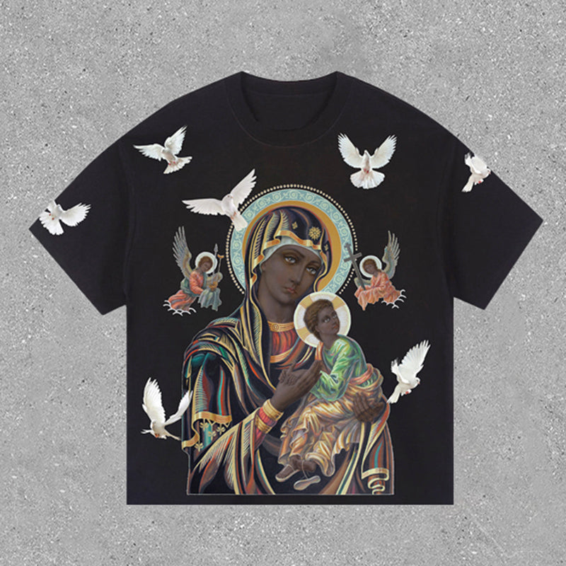 Vintage Unisex Black Madonna And Child Graphic Cotton T-Shirt