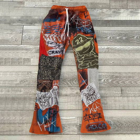 Art Collage Orange Print Street Casual Sweatpants