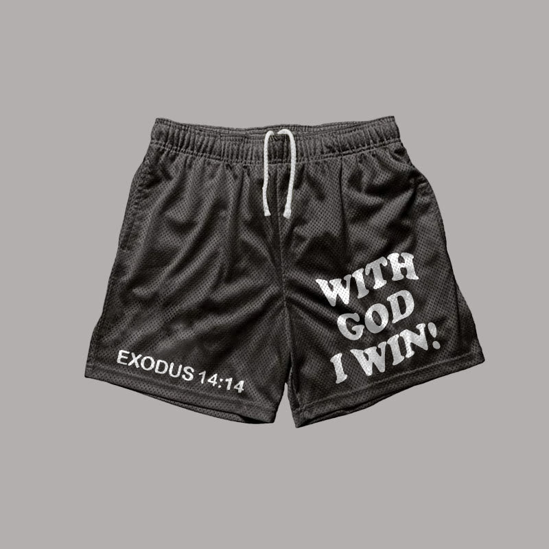 Vercoo With God I Win Print Casual Street Mesh Shorts