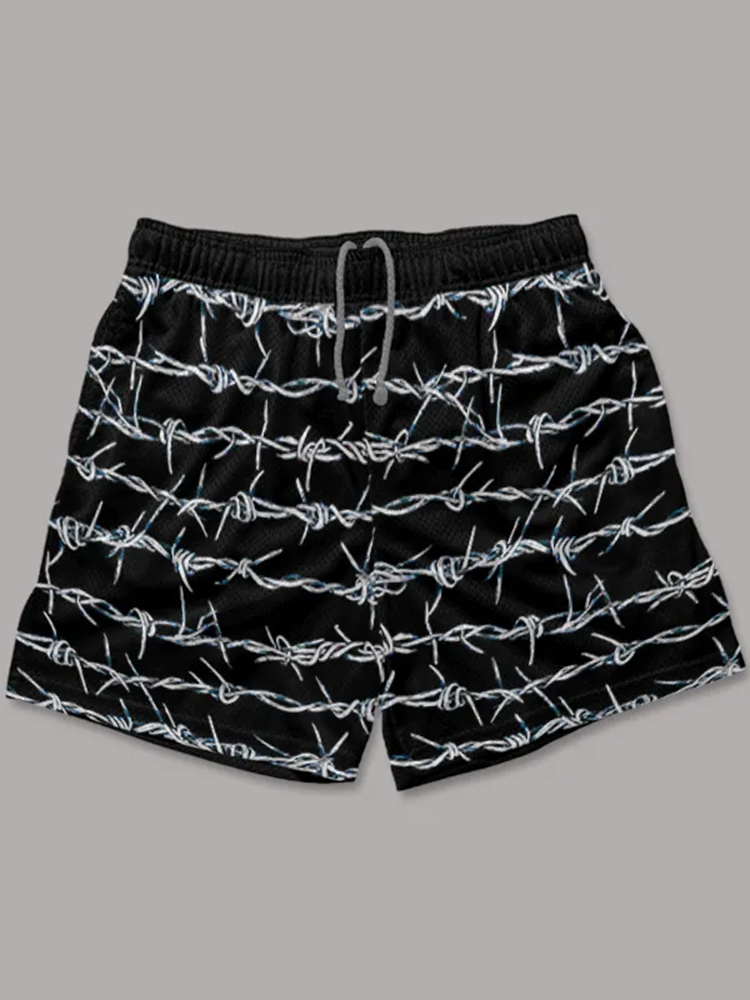 Vintage Silver Barbed Wire Graphics Mesh Shorts