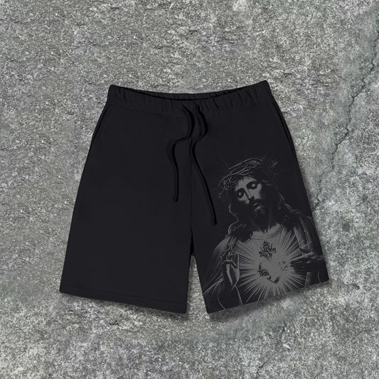 Casual Drawstring Vintage Jesus Print Shorts