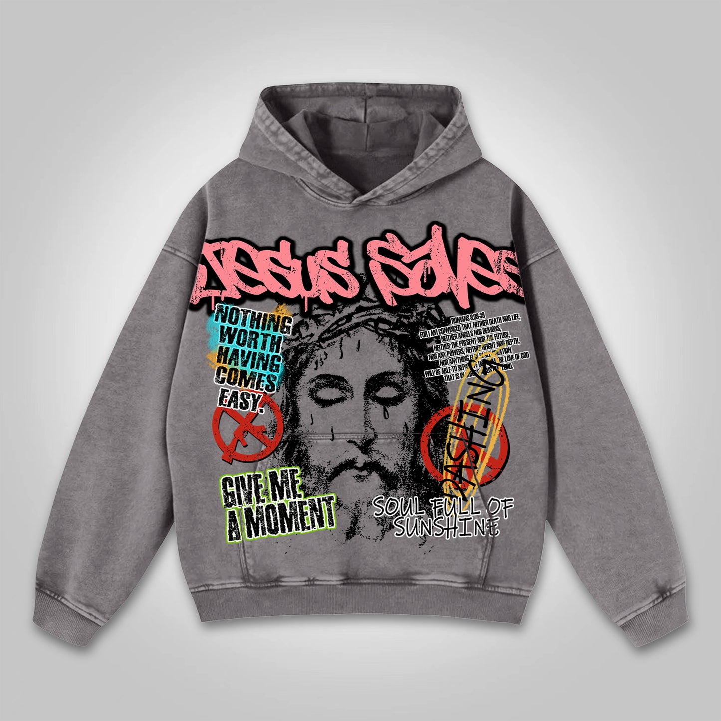 Vercoo Vintage Jesus Saves Bible Print Washed Hoodie