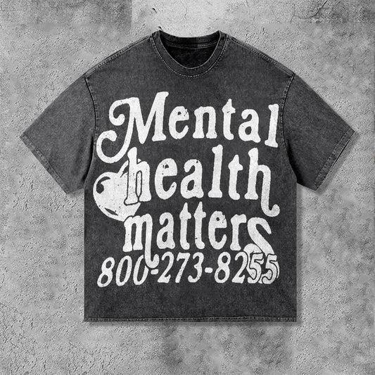 Vercoo Vintage Mental Health Matters Graphic Distressed Acid Wash T-Shirt