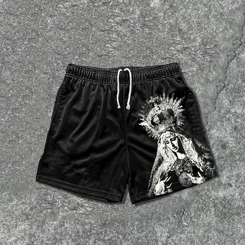 Vintage The Scriptures Of The Blessed Virgin Mary Graphics Mesh Drawstring Shorts