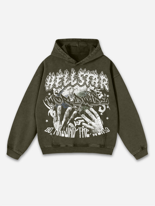 Vintage Hellstar Worldwide Casual Graphic Acid Washed Oversized Hoodie