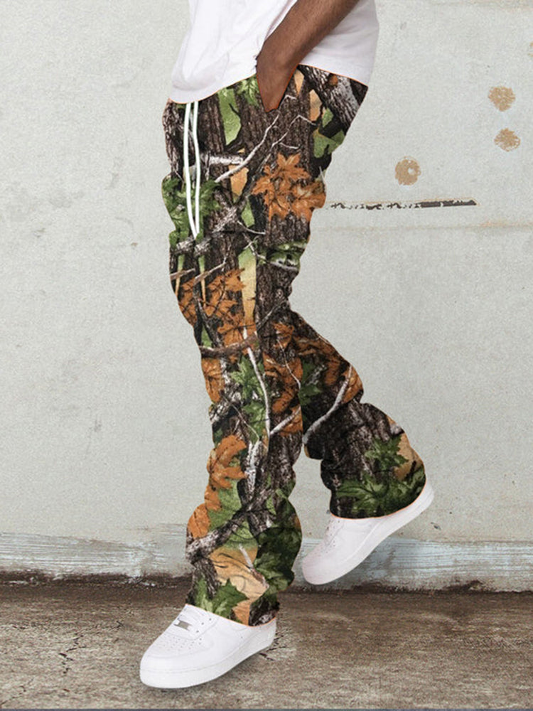 Vintage Camouflage Print Drawstring Stacked Trousers