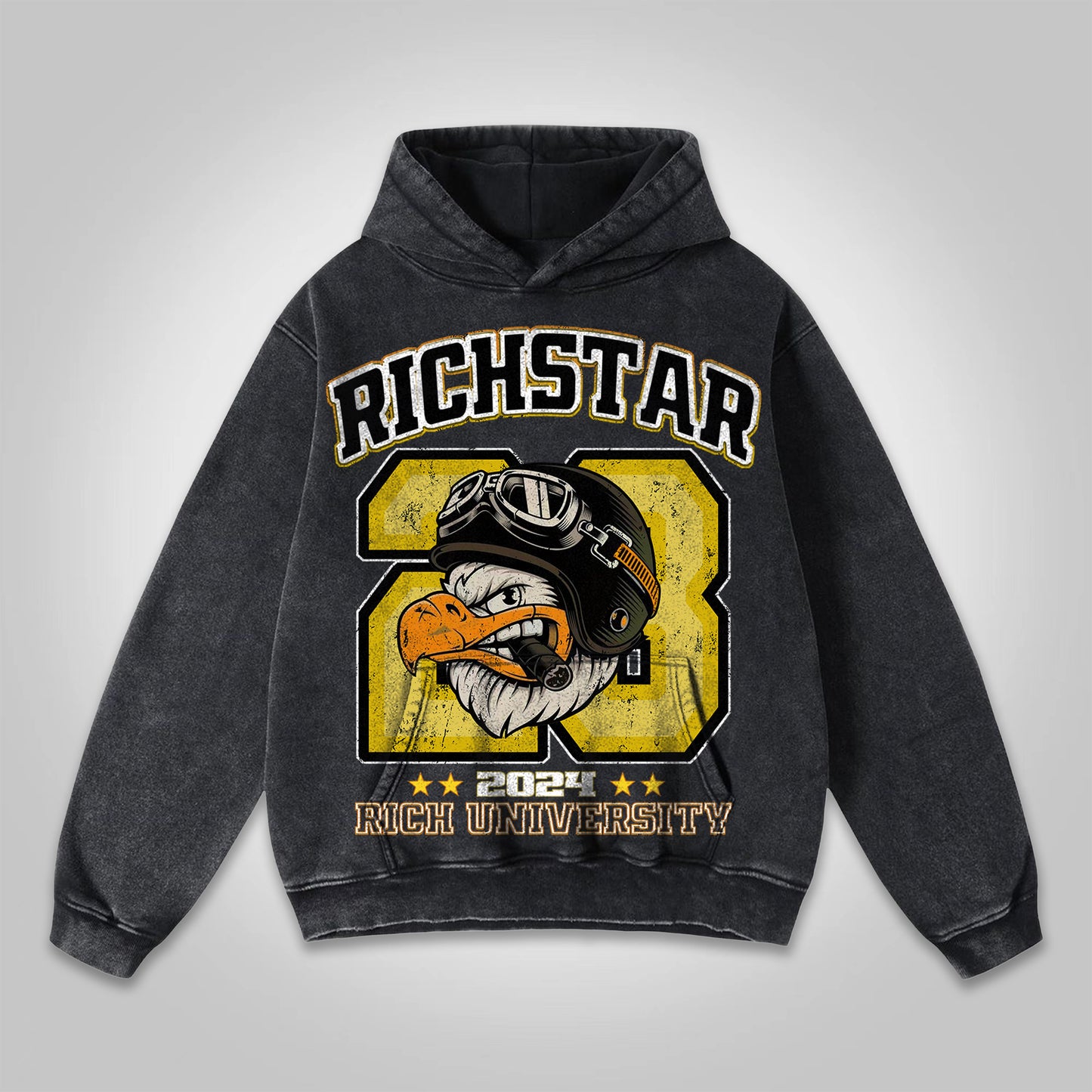 Vercoo Vintage Rich Star Graphic Washed Pocket Hoodie