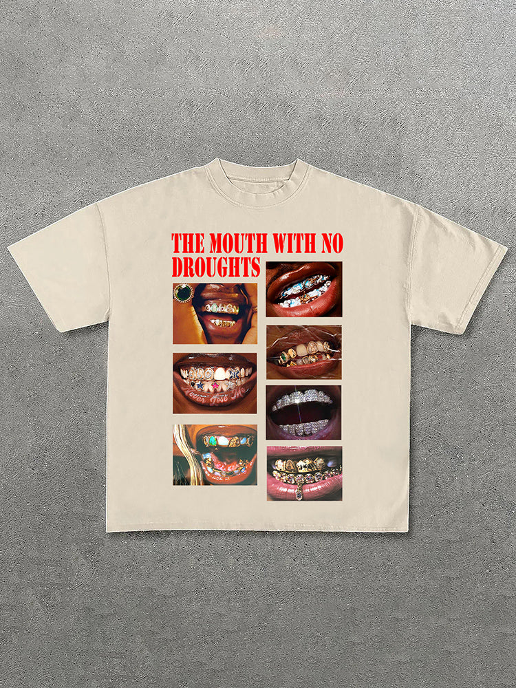 Vercoo Vintage The Mouth With No Droughts Print Cotton T-Shirt