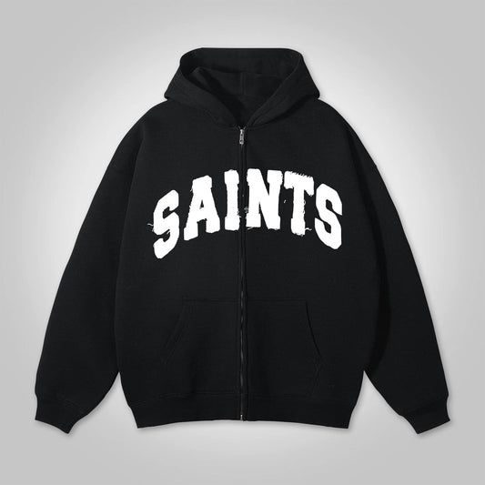 Vintage Saint Art Graphic Zip-Up Cotton Hoodie