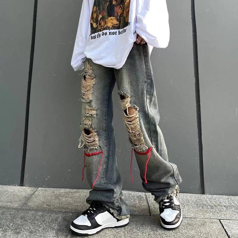 Men's American Retro High Street Ins Trendy Ripped Jeans