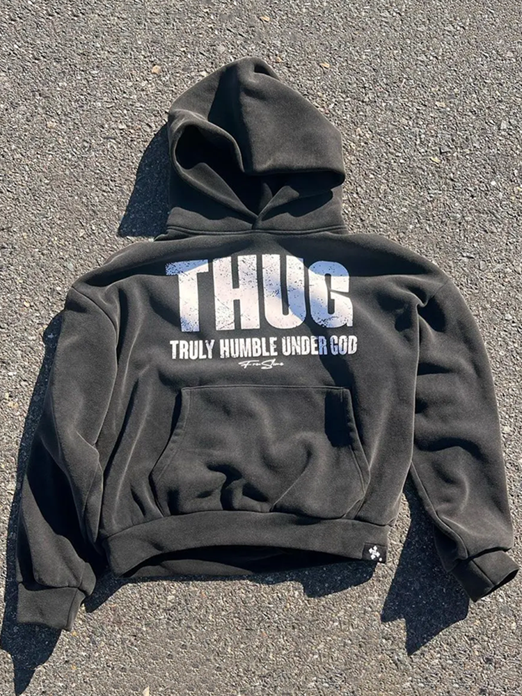 Vintage Thug Truly Humble Under God Graphic Print Side Pockets Hoodie