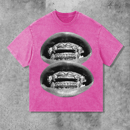 Men's Unisex Lip Graphic Print Acid Washed T-Shirt