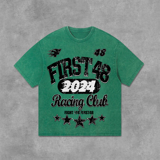 Vercoo Vintage Street First48 Racing Graphic Print Washed T-Shirt